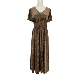 NWT Velvet Ribbed V-Neck Maxi Dress Smocked Pockets Gold Brown M Quiet Luxury